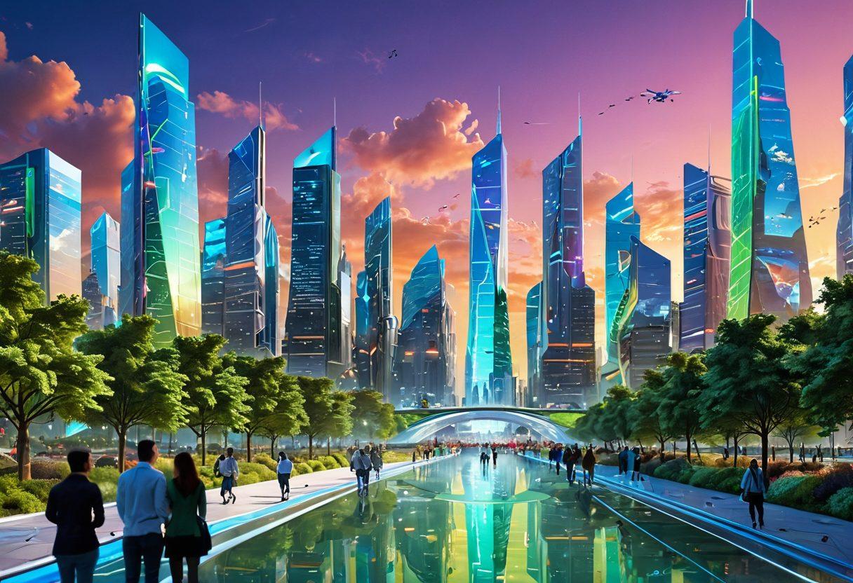 A futuristic city skyline showcasing innovative architecture with seamless integration of user interface technology, featuring holographic displays, green spaces, and dynamic lighting. The scene captures diverse people interacting with these advanced designs, highlighting the blend of nature and technology. Vivid colors and a bright sky make the image pop. super-realistic. vibrant colors. dynamic composition.