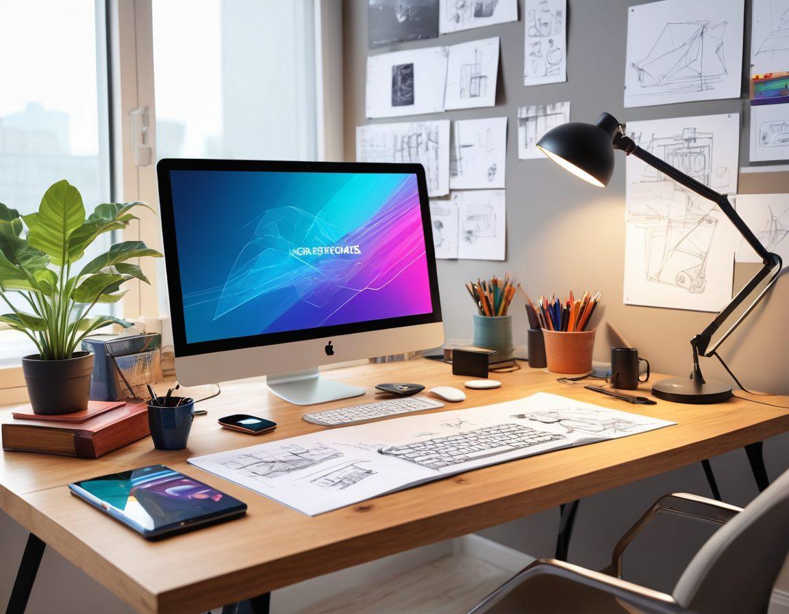 A modern workspace featuring an array of cutting-edge design software displayed on multiple screens, vibrant sketches on a digital tablet, accompanied by tech gadgets like a VR headset and smart pen scattered around the desk. The background should show a wall filled with inspiring art and color swatches, symbolizing creativity. The lighting should be bright and dynamic, conveying innovation. super-realistic. vibrant colors. digital art style.